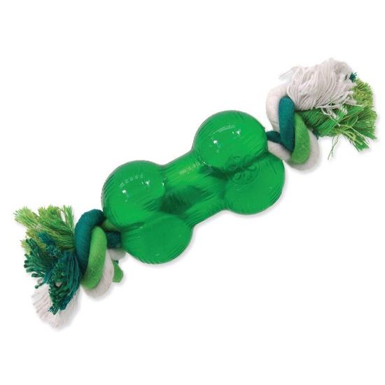 Hračka DOG FANTASY Strong Mint kost gumová s provazem zelená 8,9 cm