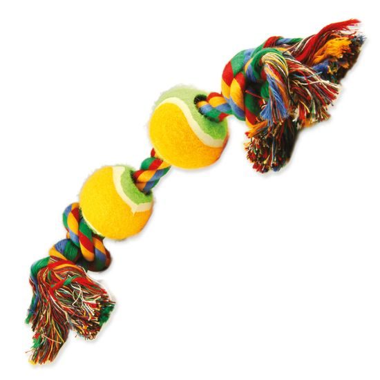 Zabawka DOG FANTASY kolorowa, 2 knoty + 2 piłeczki tenisowe 35 cm