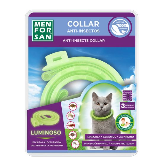 collar luminiscente Anti-insectos con margosa, geraniol y lavandino para gatos