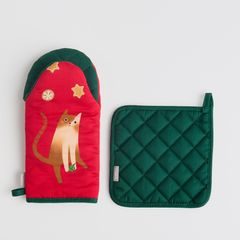 HOME & YOU pamut edényfogó kesztyű és alátét, karácsonyi cica