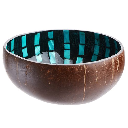 COCONUT KÓKUSZDIÓBÓL KÉSZÜLT DEKOR TÁL GYÖNGYHÁZZAL, FEKETE-TÜRKIZKÉK CSÍKOK Ø 13,5CM