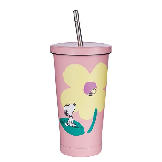 PEANUTS FÉM POHÁR TETŐVEL ÉS SZÍVÓSZÁLLAL 500ML, RÓZSASZÍN