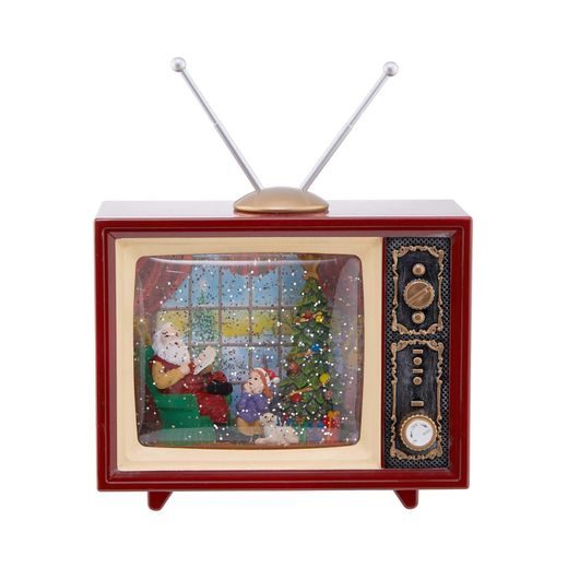 SANTA TV ZENÉLŐ ÉS VILÁGÍTÓ DEKORÁCIÓ, RETRO TELEVÍZIÓ 18 X 8 CM