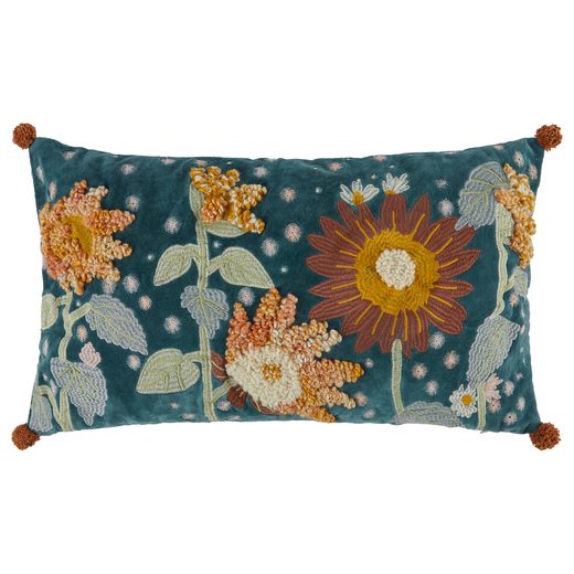 BOHEMIAN PÁRNA HÍMZÉSSEL, KÉK/VIRÁGOS 50 X 30 CM