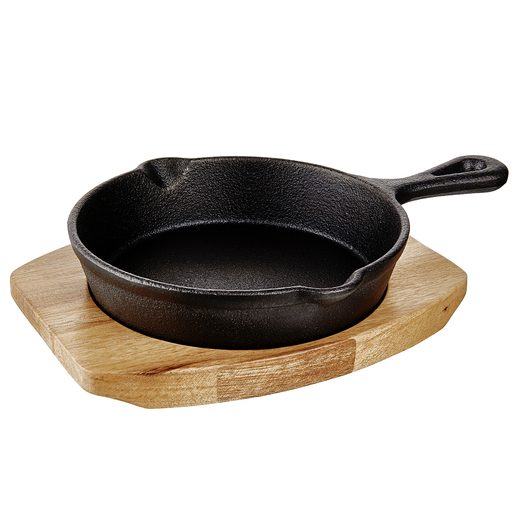 HOT IRON MINI ÖNTÖTTVAS SERPENYŐ FA ALÁTÉTTEL, 14 CM