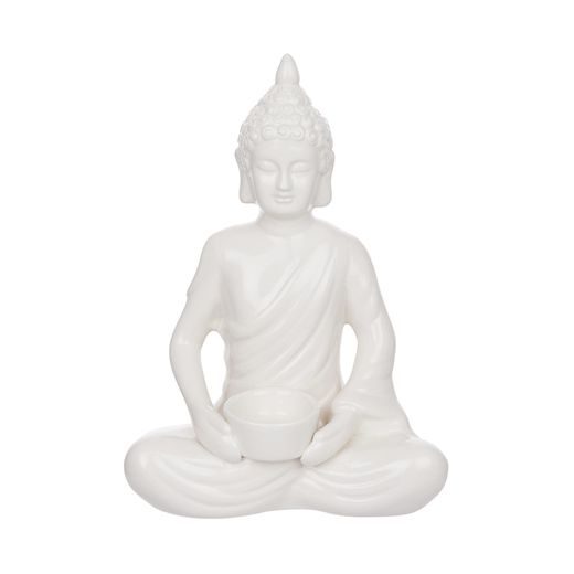 BUDDHA SZOBOR MÉCSESTARTÓVAL, FEHÉR 29CM