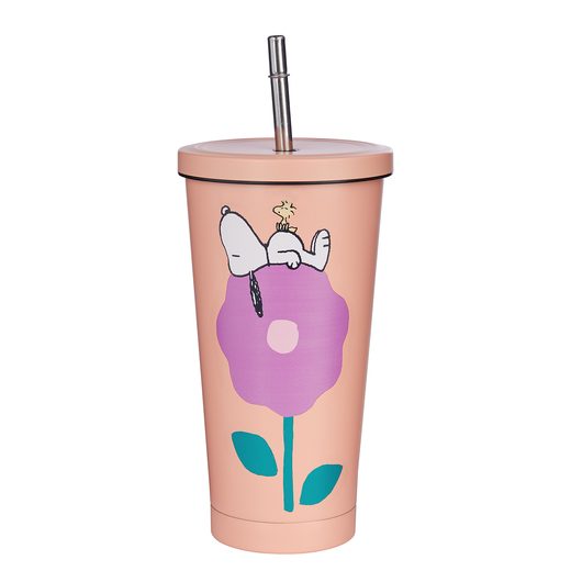 PEANUTS FÉM POHÁR TETŐVEL ÉS SZÍVÓSZÁLLAL 500ML, BARACKSZÍN