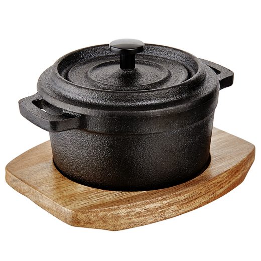 HOT IRON MINI ÖNTÖTTVAS SÜTŐTÁL FEDÉLLEL ÉS FA ALÁTÉTTEL, 14 CM