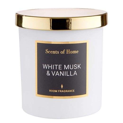 SCENTS OF HOME SZÓJAVIASZ ILLATGYERTYA, FEHÉR PÉZSMA & VANÍLLA
