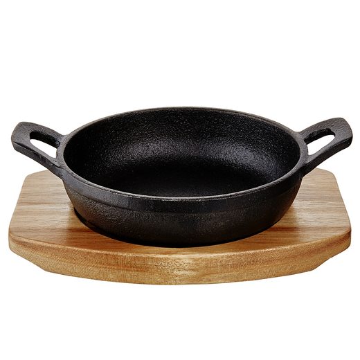 HOT IRON MINI ÖNTÖTTVAS SERPENYŐ FA ALÁTÉTTEL, 12 CM