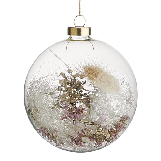 HANG ON ÜVEG KARÁCSONYFADÍSZ SZÁRÍTOTT VIRÁGGAL, TÖBBFÉLE, Ø10CM