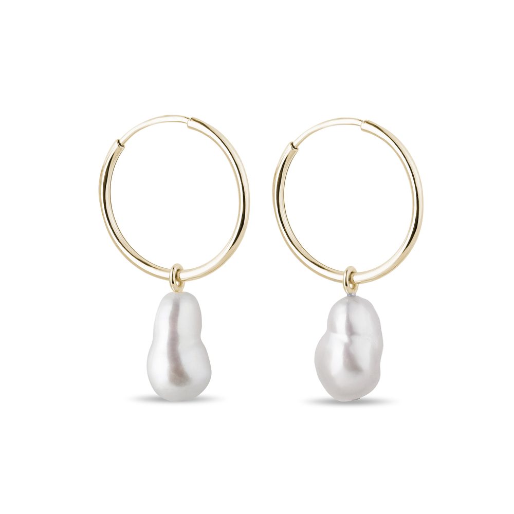 Náušnice kruhy ze žlutého zlata se sladkovodní perlou KLENOTA