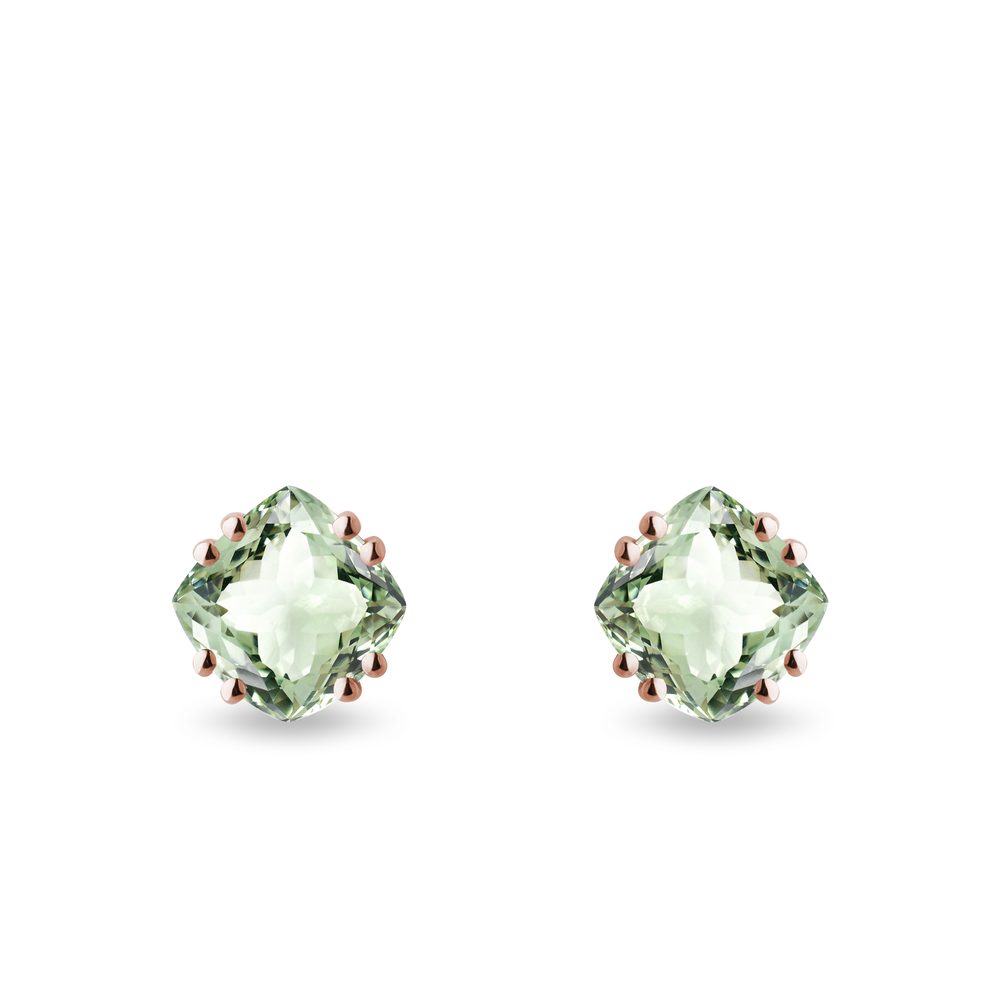 Náušnice pecky z růžového zlata se zelenými ametysty KLENOTA