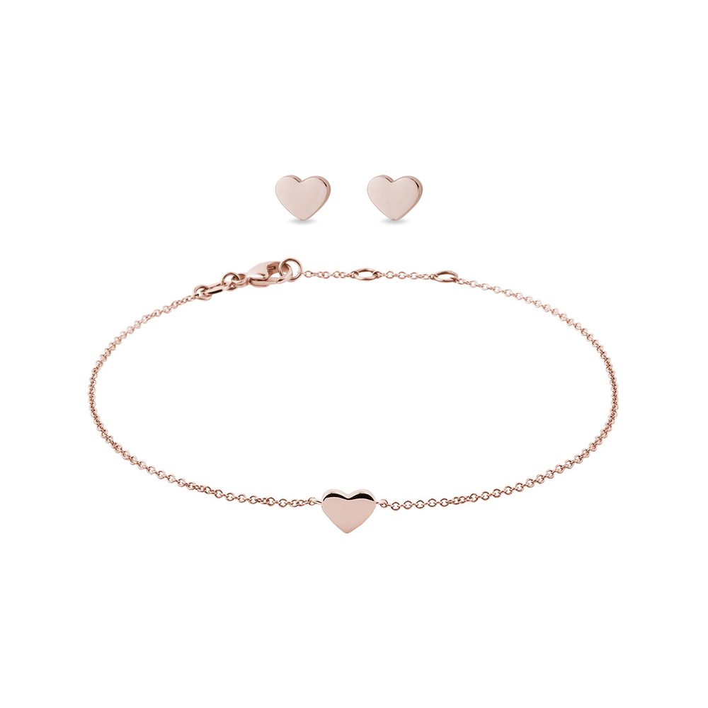 Set srdíčkových náušnic a náramku v růžovém 14k zlatě KLENOTA