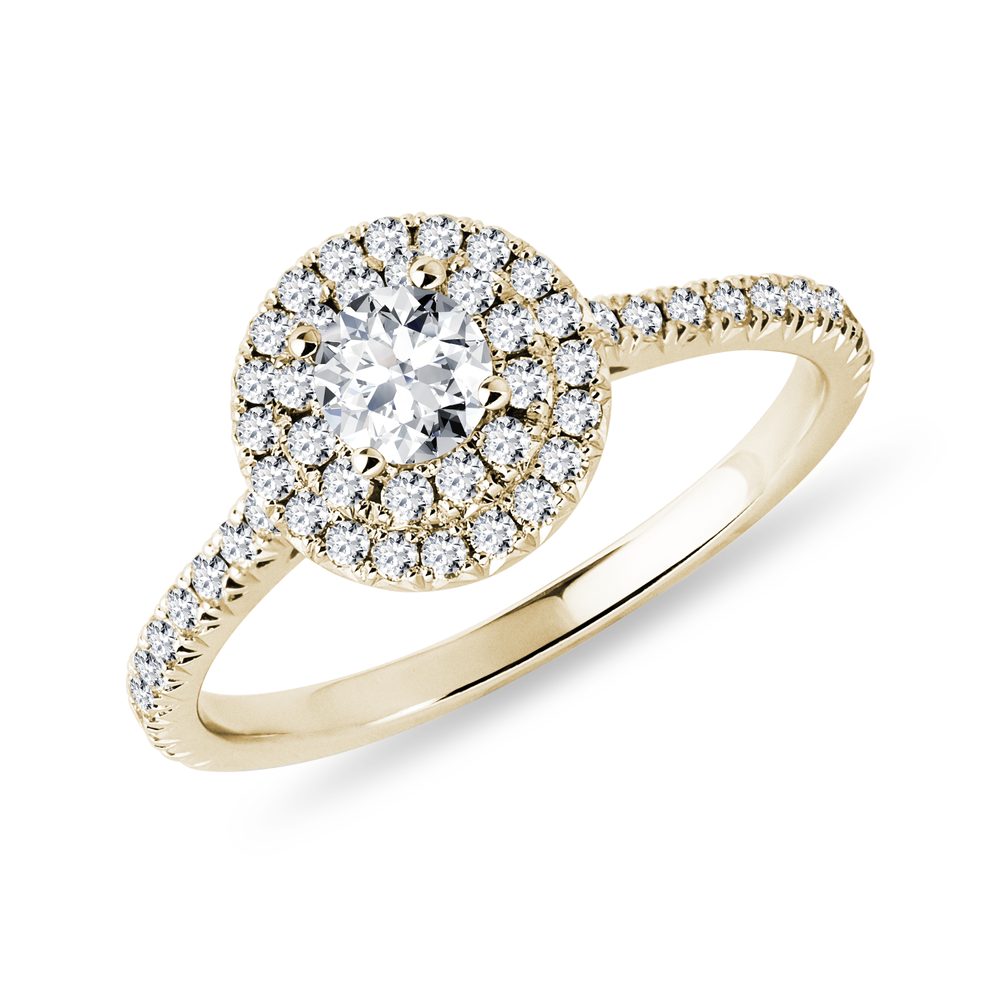 Dvojitý halo prsten s diamanty ve žlutém zlatě KLENOTA