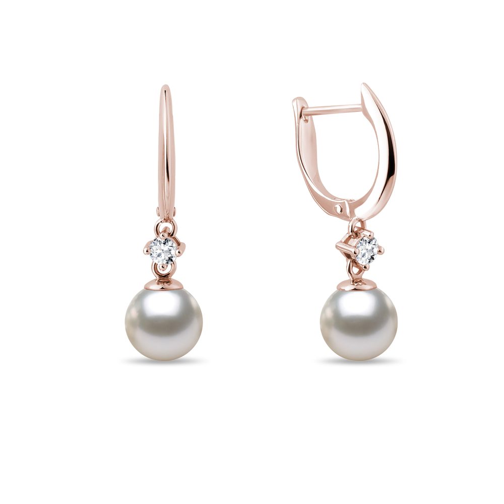 Náušnice z růžového zlata s Akoya perlou a diamanty KLENOTA
