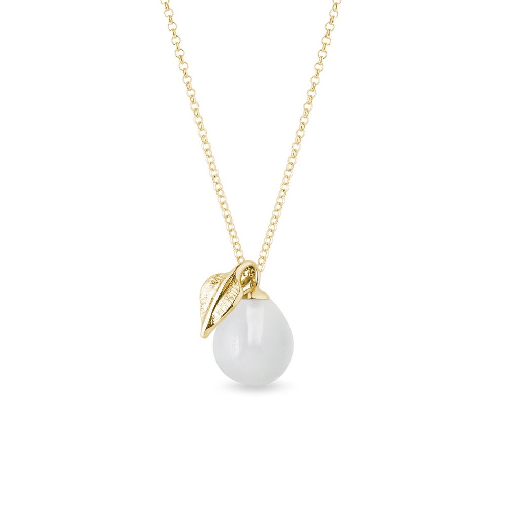 E-shop Zlatý náhrdelník s bílým měsíčním kamenem a lístečkem