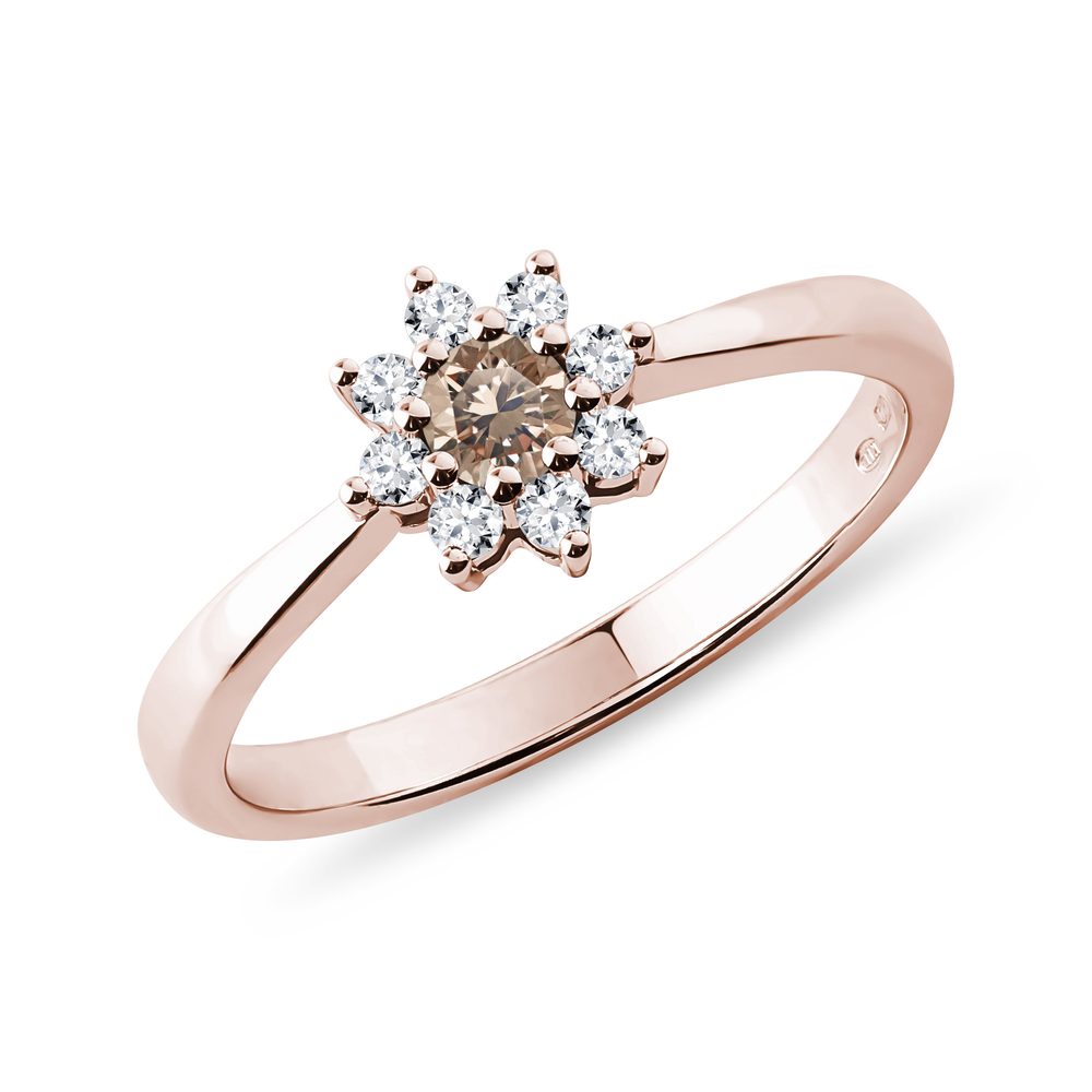 Prsten kytička s champagne diamantem v růžovém zlatě KLENOTA