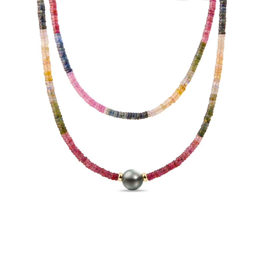 Náhrdelník z barevných safírů s tahitskou perlou KLENOTA