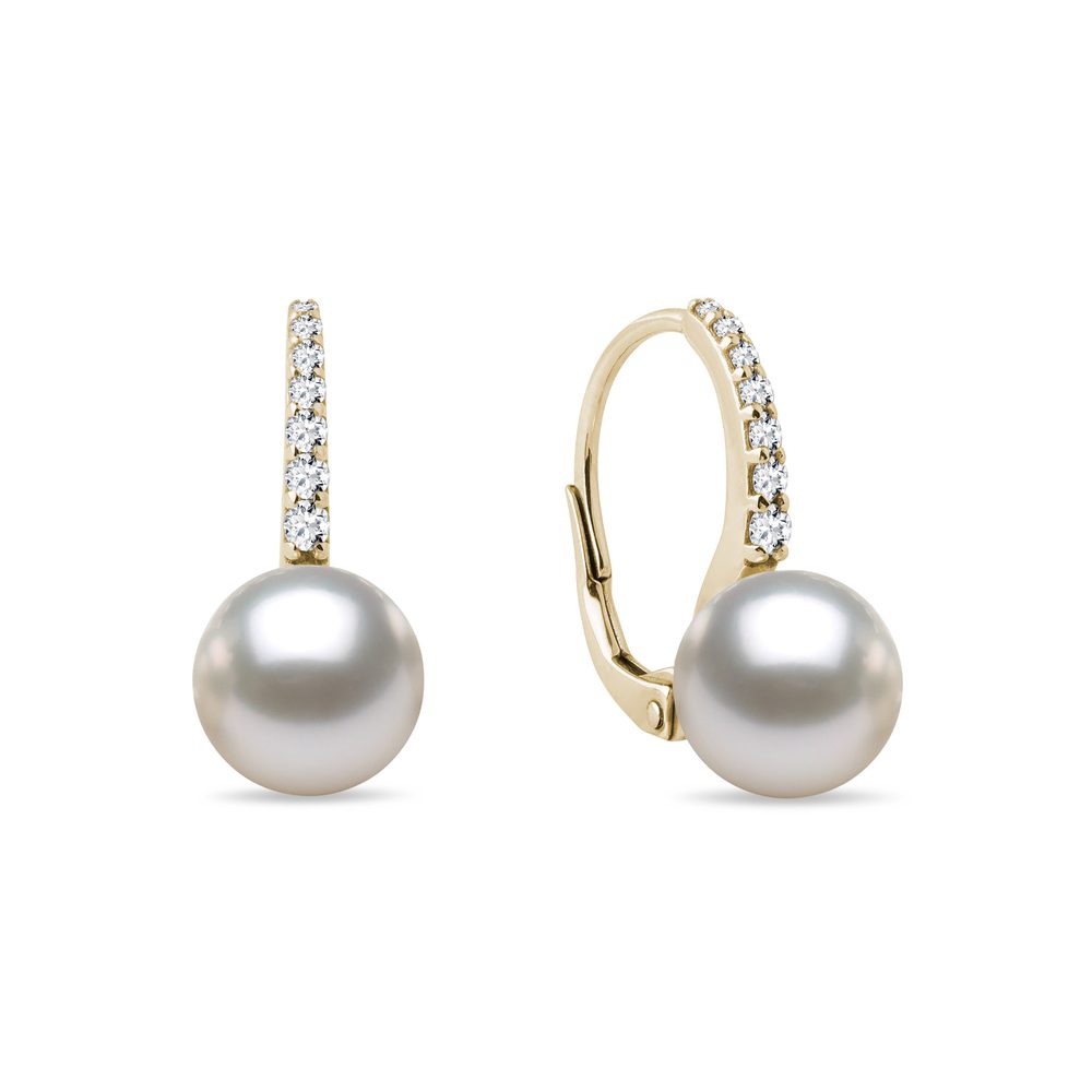 Diamantové náušnice ze žlutého 14k zlata s perlami KLENOTA