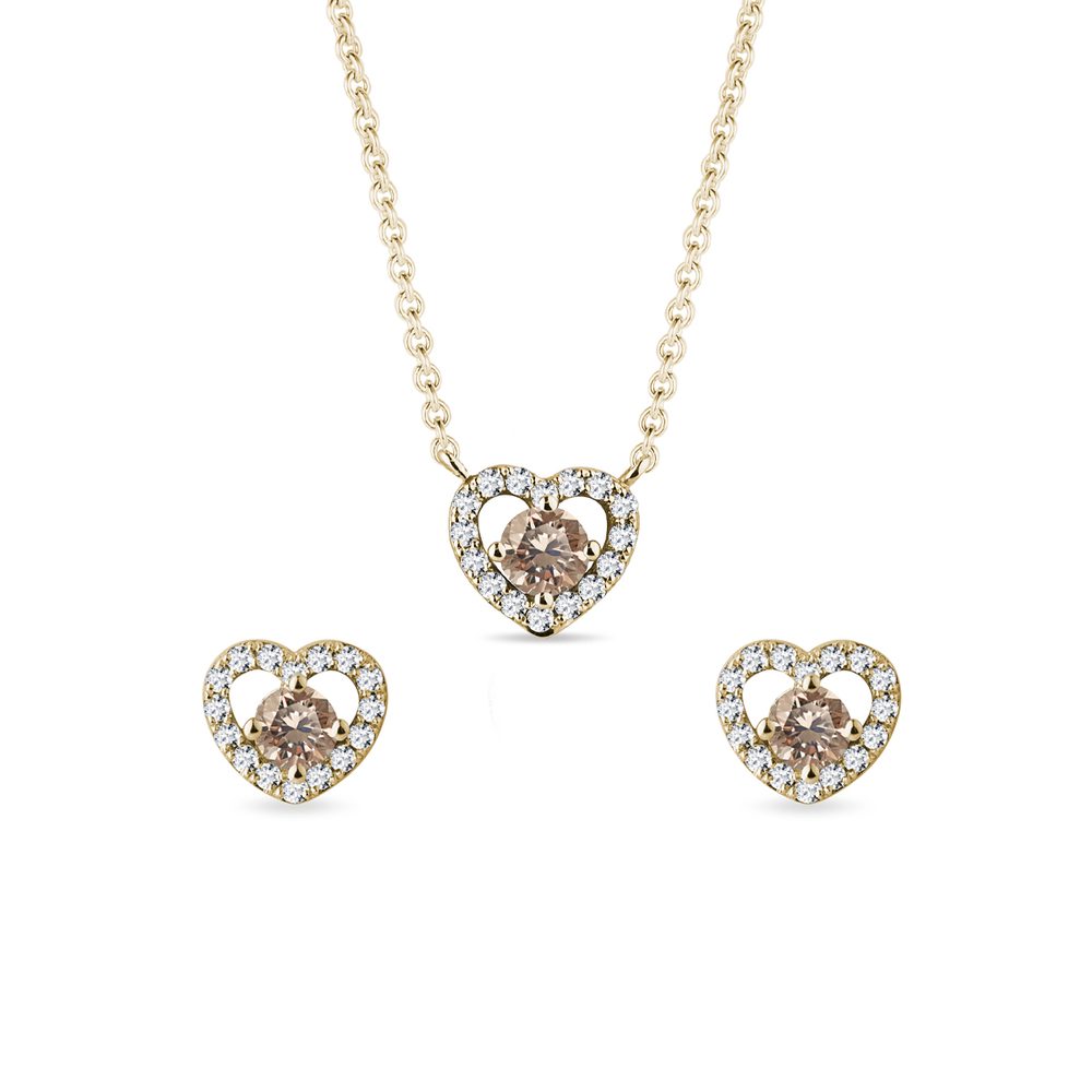 E-shop Diamantový set srdce ze žlutého zlata s champagne diamantem