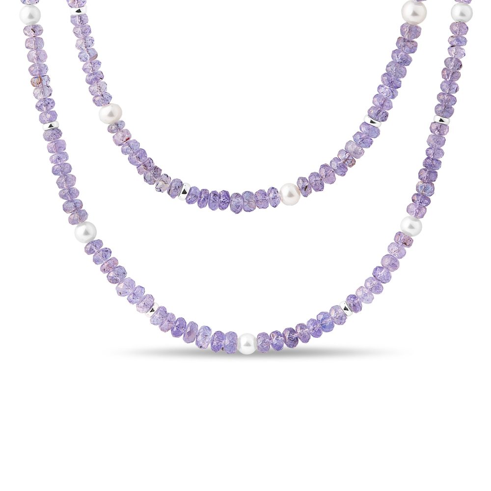 Tanzanitový náhrdelník s perlami v bílém zlatě KLENOTA