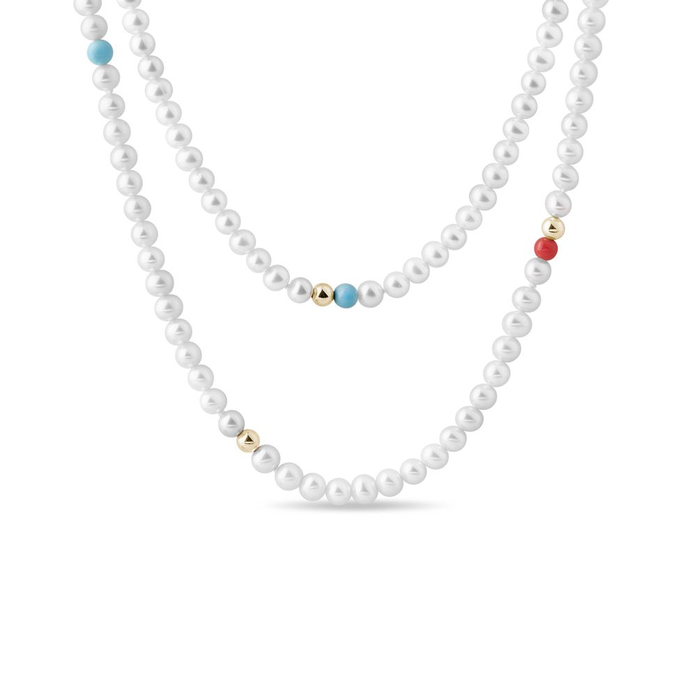 E-shop Dlouhý perlový náhrdelník s tyrkysem a korálem