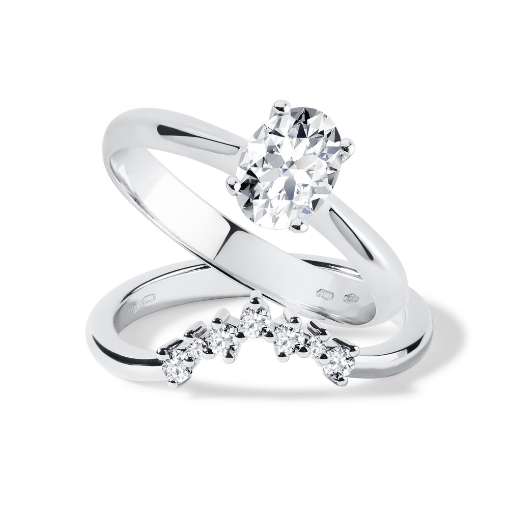 Sada zásnubního a snubního prstenu v bílém 14k zlatě KLENOTA