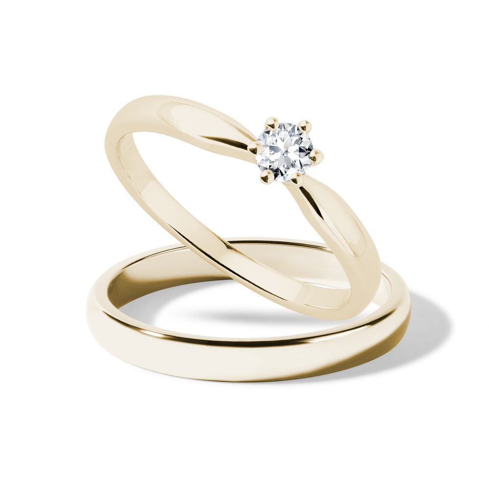 Set svatebních prstenů v lesku ve žlutém 14k zlatě KLENOTA