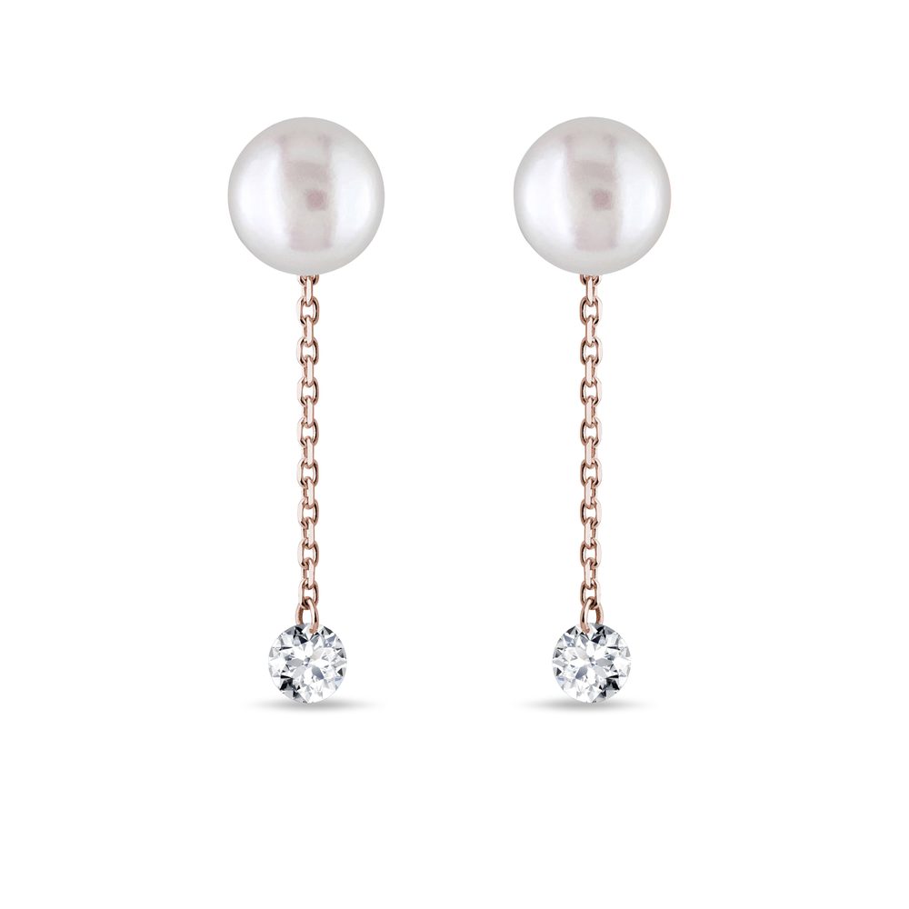 Perlové visací náušnice 2v1 s diamanty v růžovém 14k zlatě KLENOTA