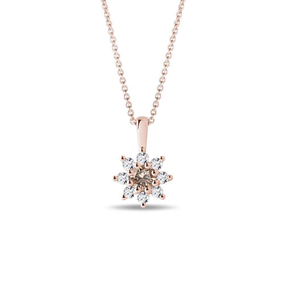 Náhrdelník květ s champagne diamantem v růžovém zlatě KLENOTA