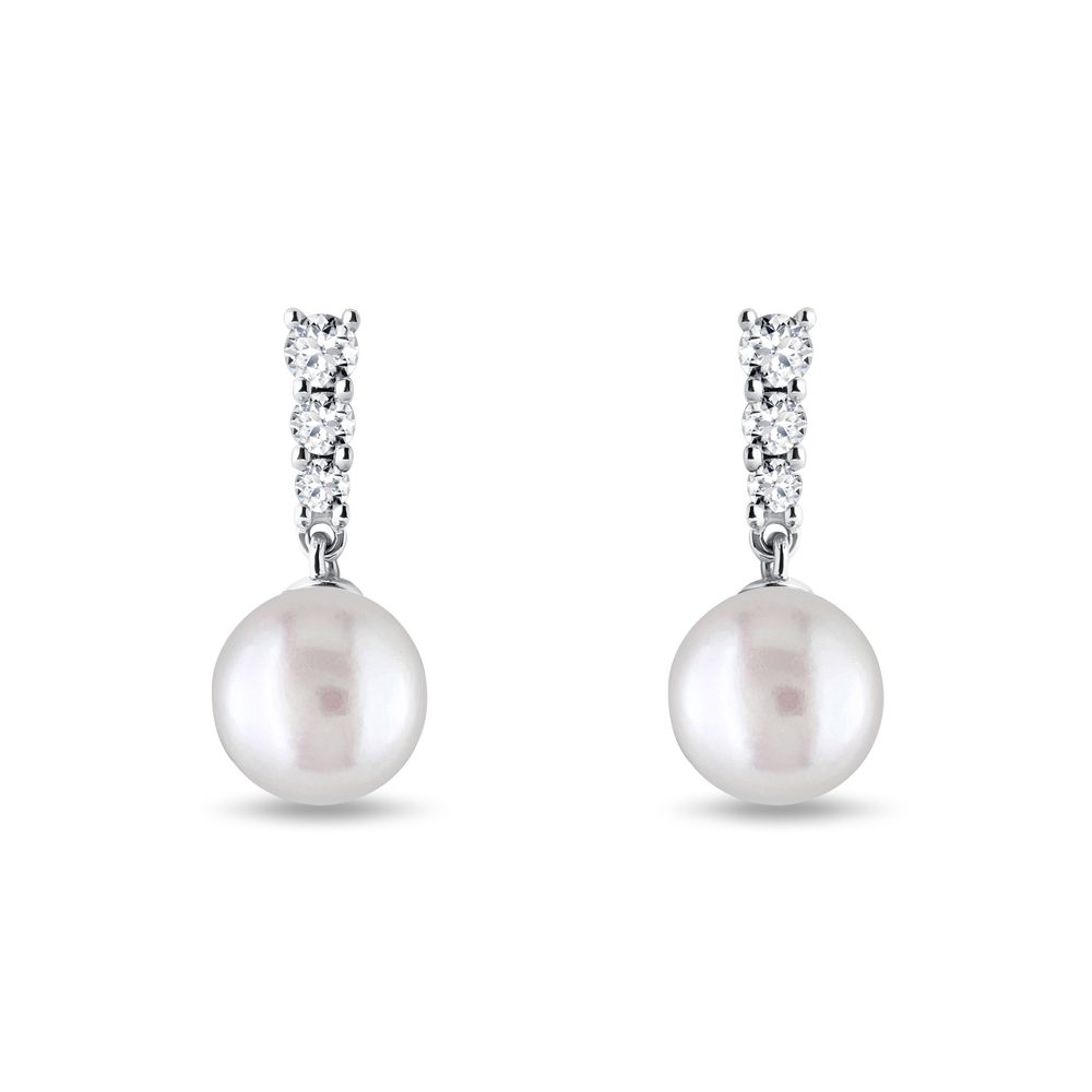 Náušnice z bílého 14k zlata s perlami a brilianty KLENOTA