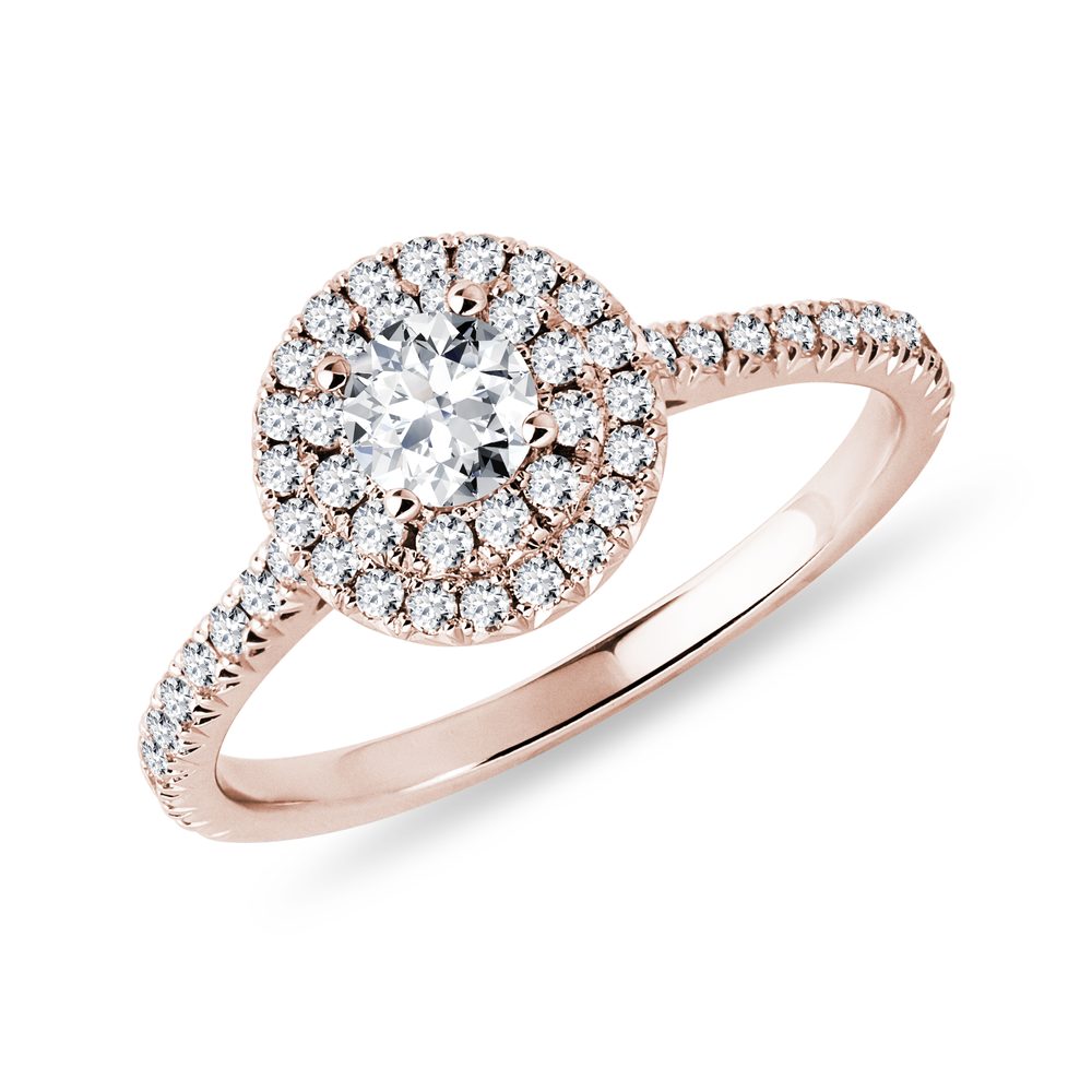 Dvojitý halo prsten s diamanty v růžovém zlatě KLENOTA