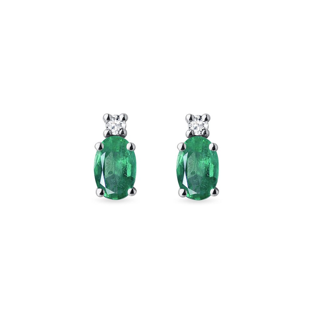 E-shop Smaragdové náušnice pecky z bílého 14k zlata s diamanty