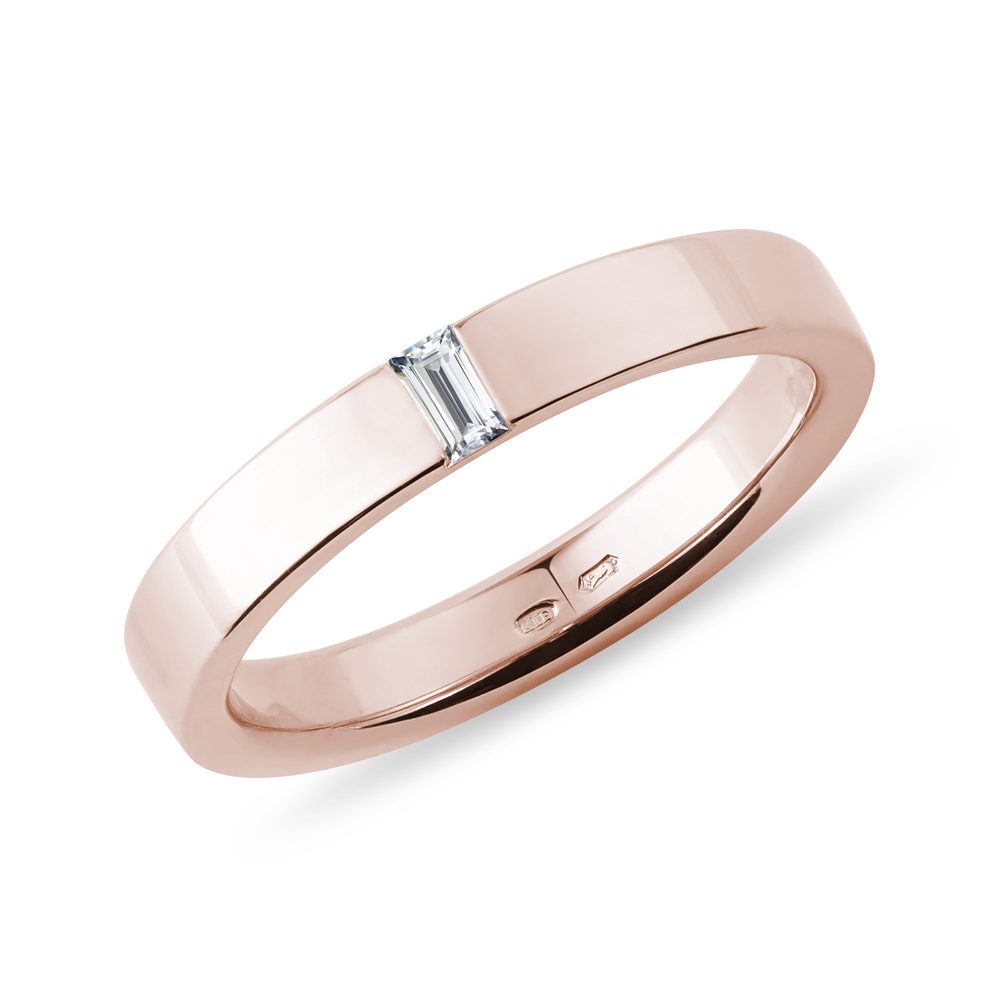 Dámský snubní prsten s diamantem bageta v růžovém zlatě KLENOTA