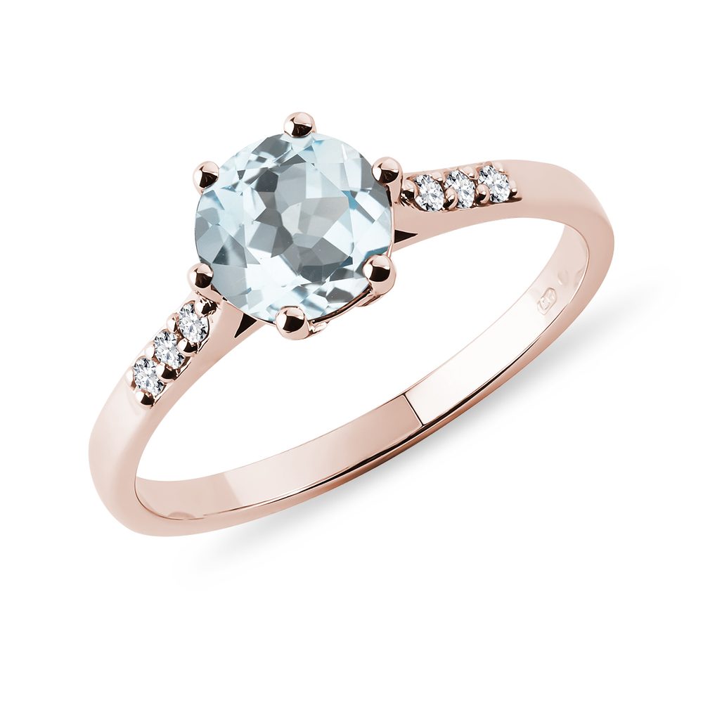 E-shop Prsten z růžového zlata s akvamarínem a diamanty