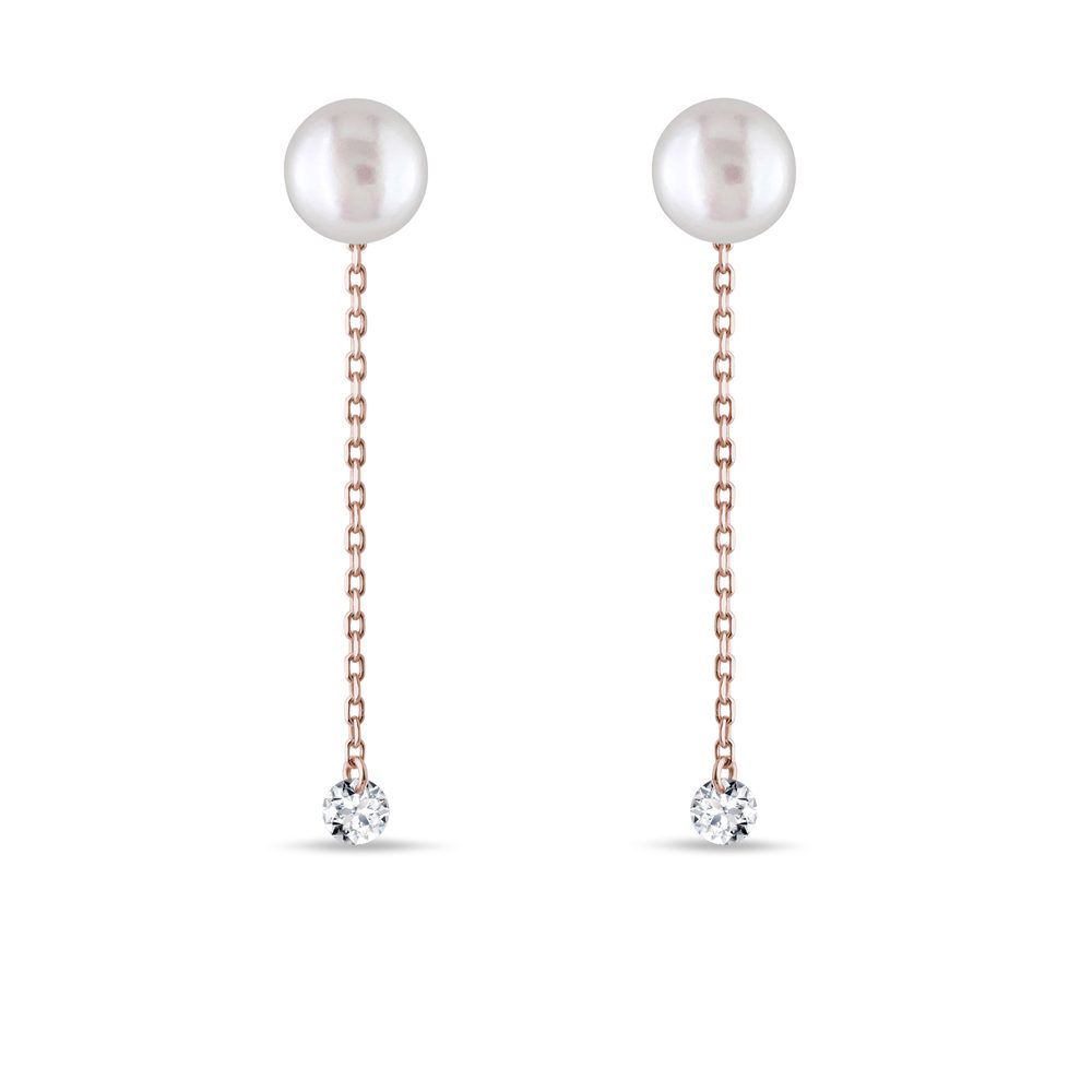Řetízkové náušnice s perlou a diamantem v růžovém 14k zlatě KLENOTA
