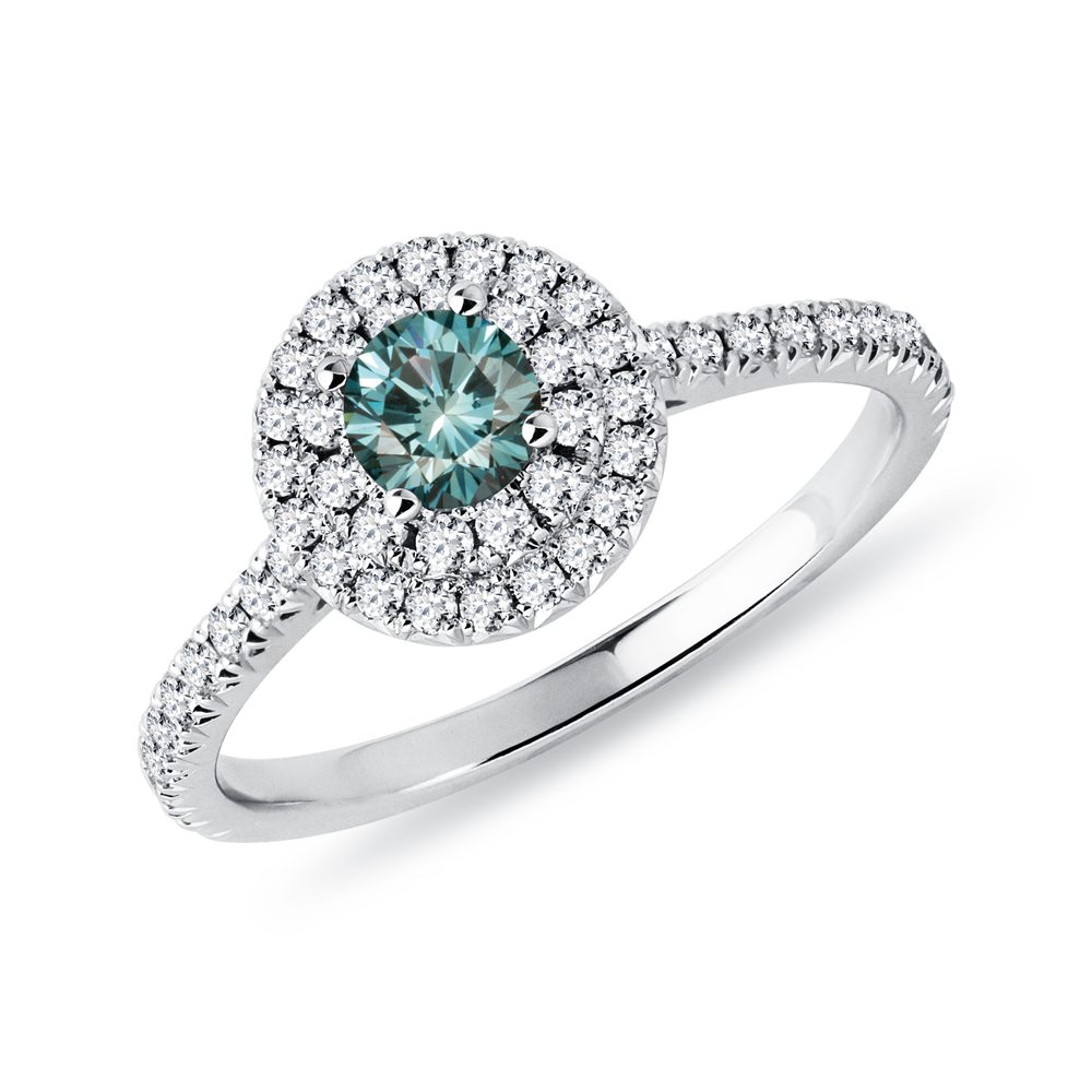 Halo prsten s modrým diamantem a brilianty KLENOTA