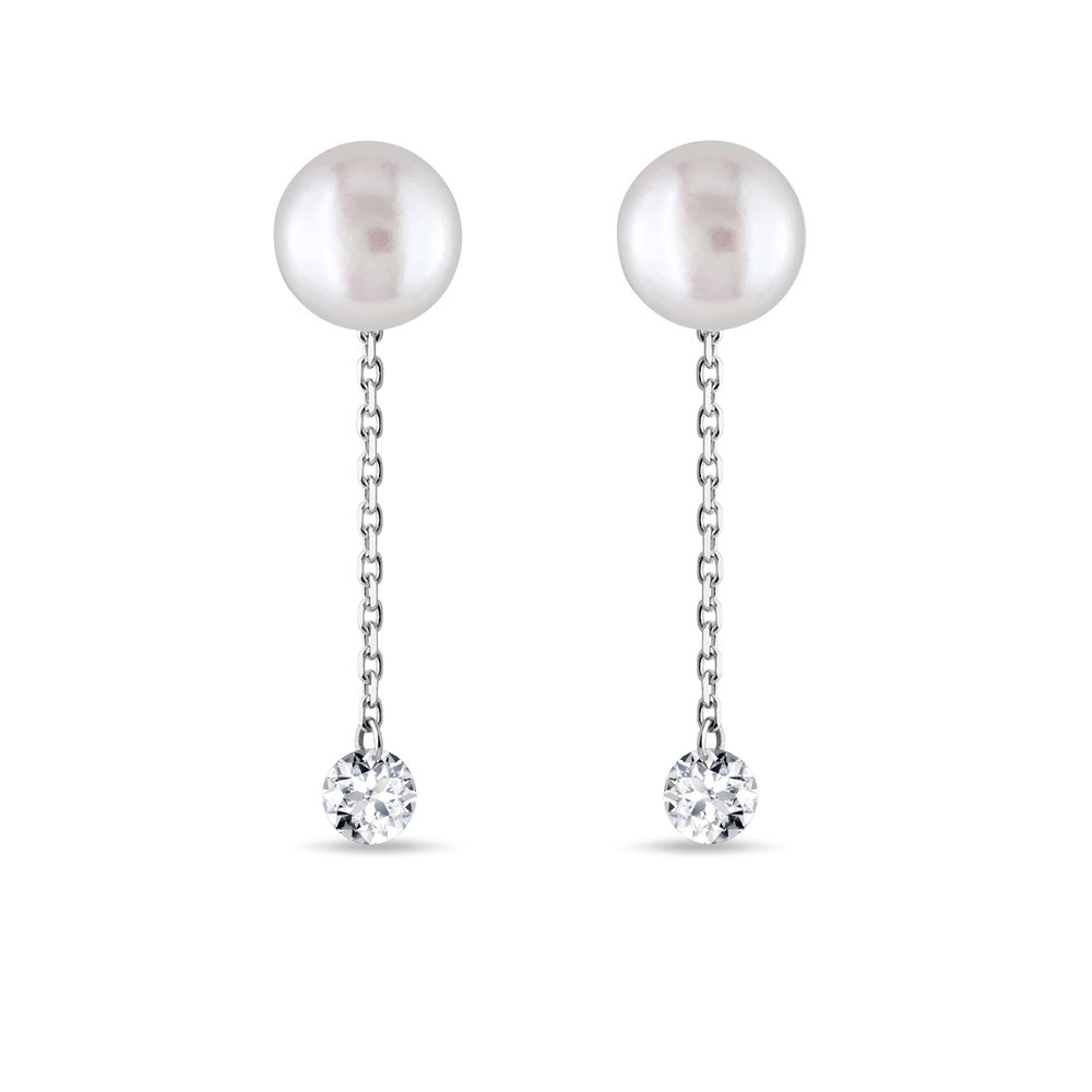Perlové visací náušnice 2v1 s diamanty v bílém 14k zlatě KLENOTA