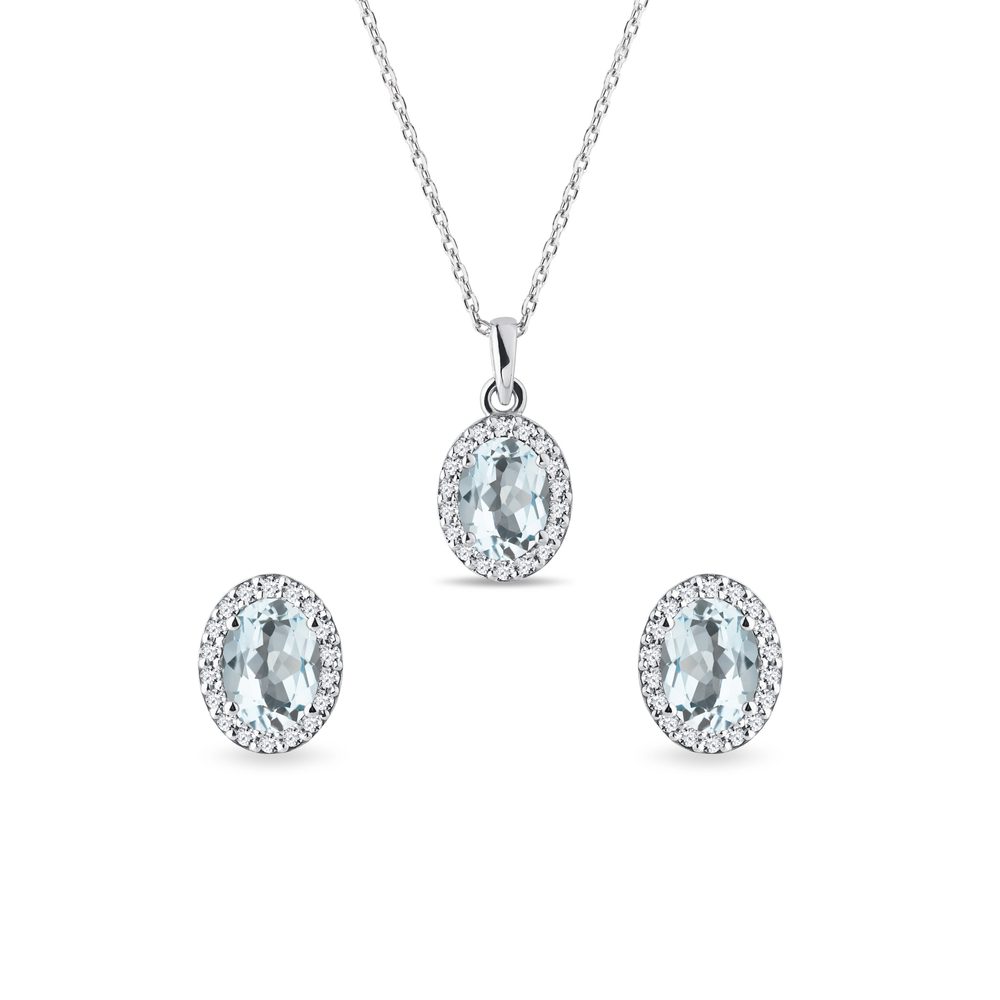 E-shop Souprava akvamarínových halo šperků v bílém zlatě