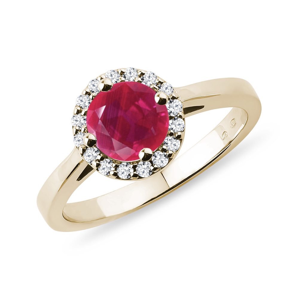 E-shop Zlatý halo prsten s rubínem a diamanty