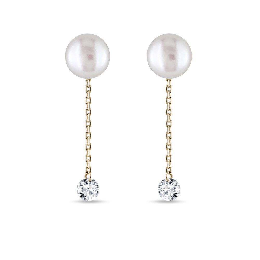 Perlové visací náušnice 2v1 s diamanty ve žlutém 14k zlatě KLENOTA