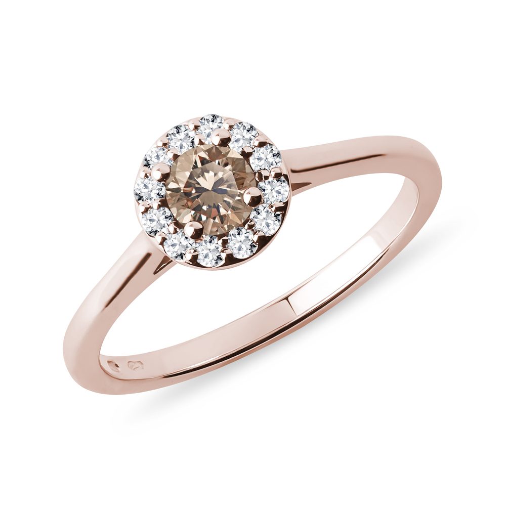 Halo prsten s champagne diamantem v růžovém zlatě KLENOTA