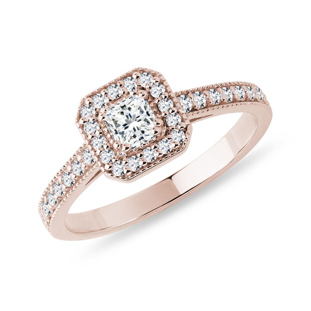Diamantový zásnubní prsten princess z růžového zlata KLENOTA