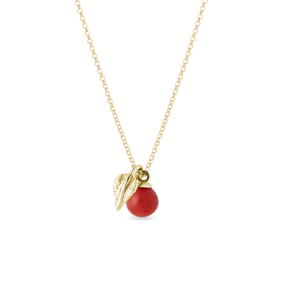 E-shop Zlatý náhrdelník s korálem a malým lístkem
