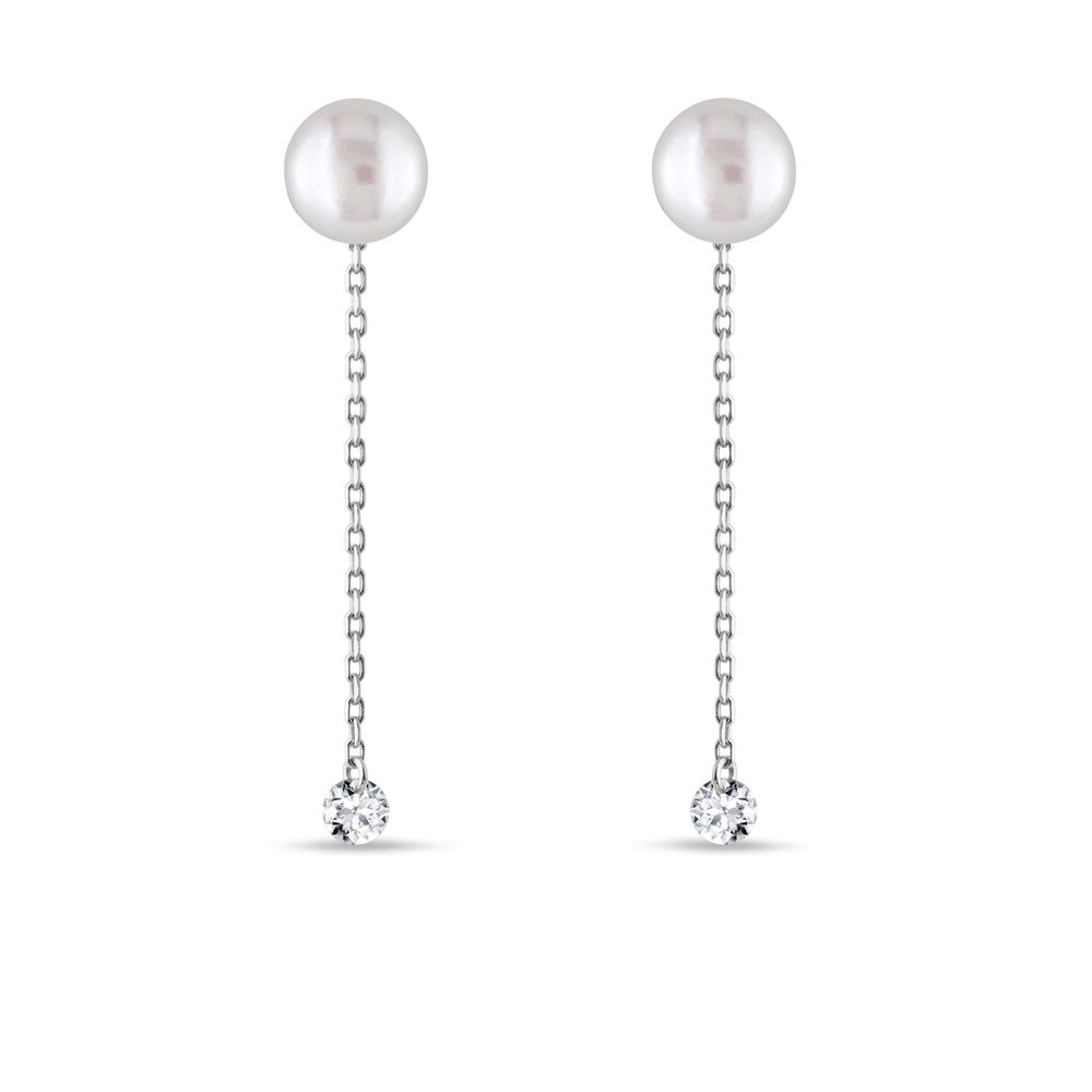Řetízkové náušnice s perlou a diamantem v bílém zlatě KLENOTA