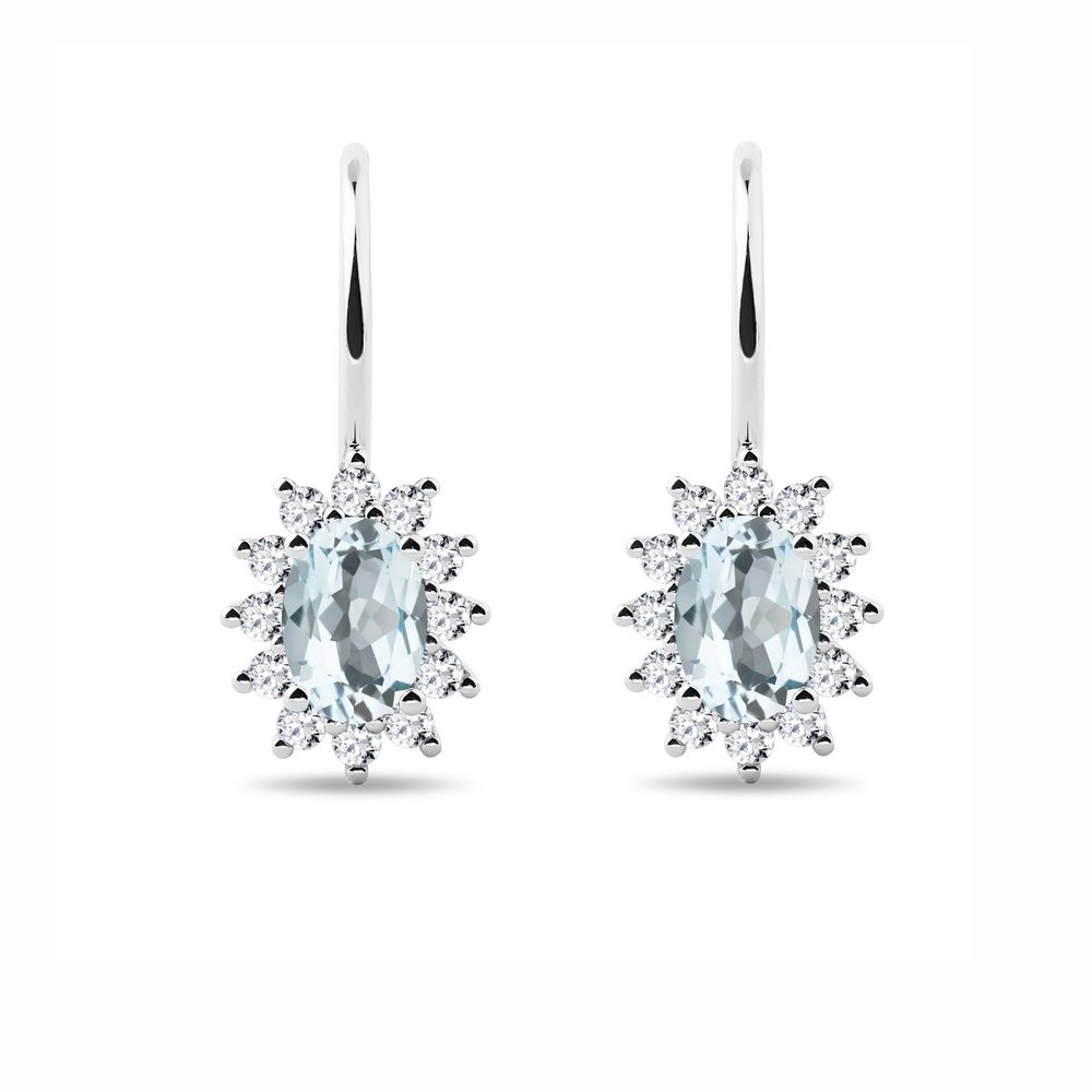 Halo náušnice s akvamaríny a diamanty v bílém zlatě KLENOTA