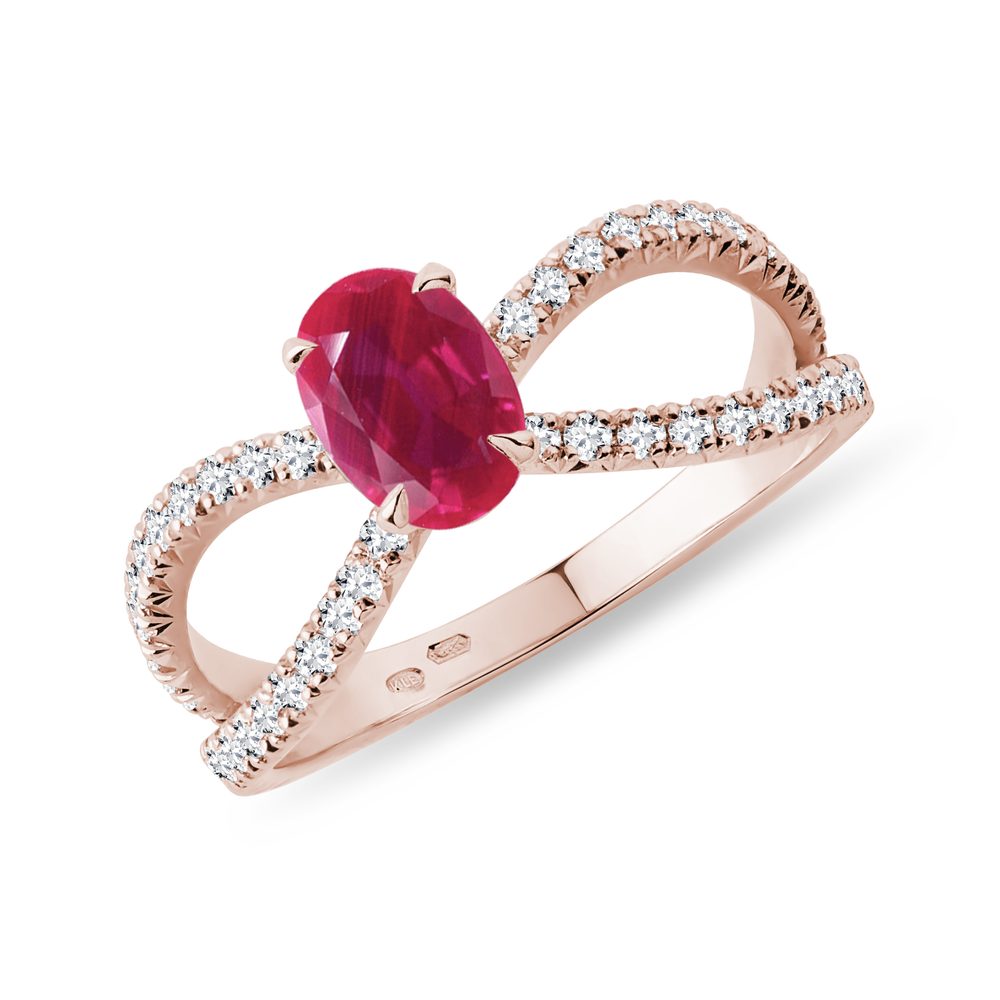 Luxusní diamantový prsten s rubínem v růžovém 14k zlatě KLENOTA