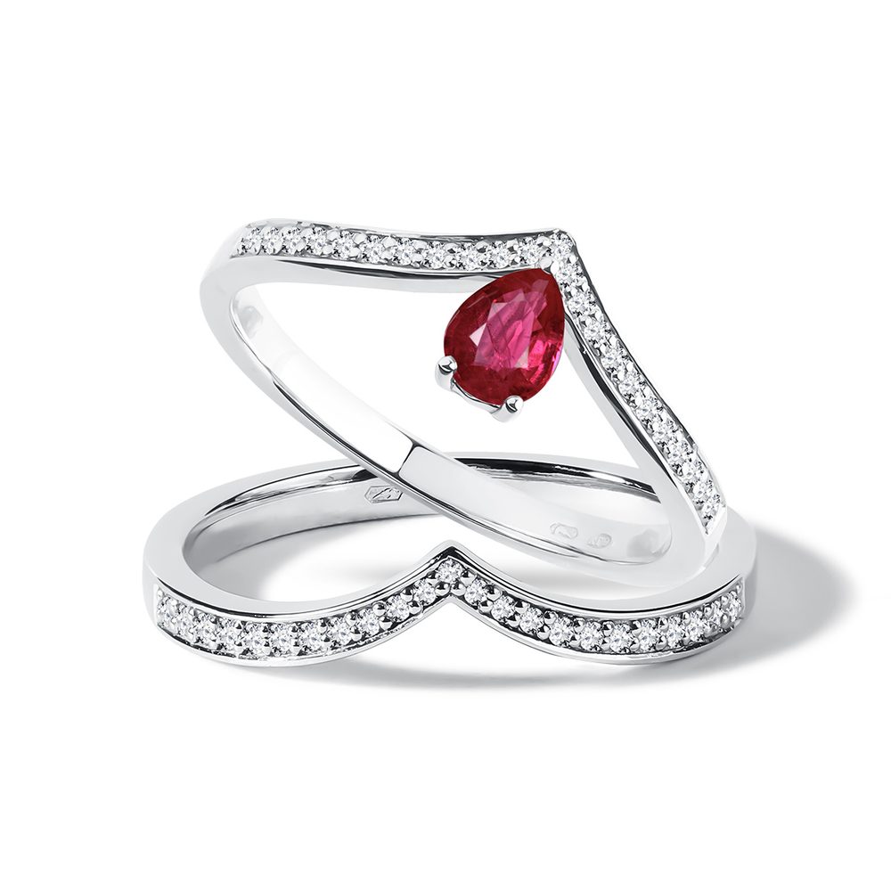 E-shop Set prstenů z bílého zlata s rubínem a diamanty