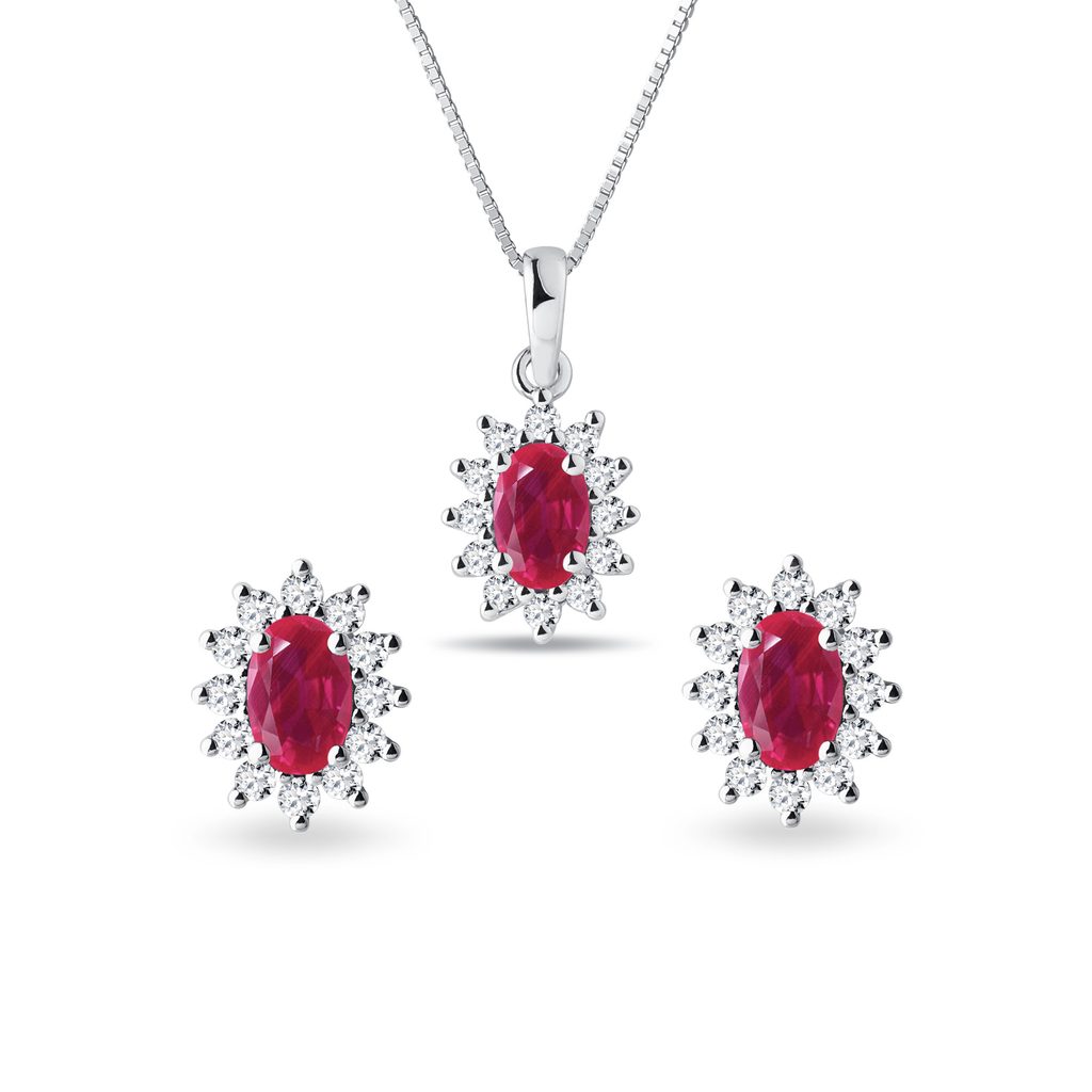 Ruby and diamond halo earring and necklace set in white gold | KLENOTA